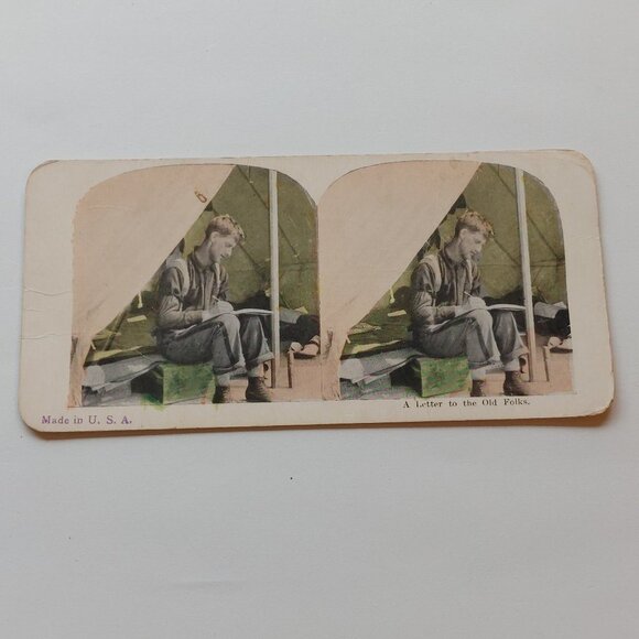 Antique Stereograph Card "A Letter to the Old Folks" Troops Military World War - Picture 1 of 4